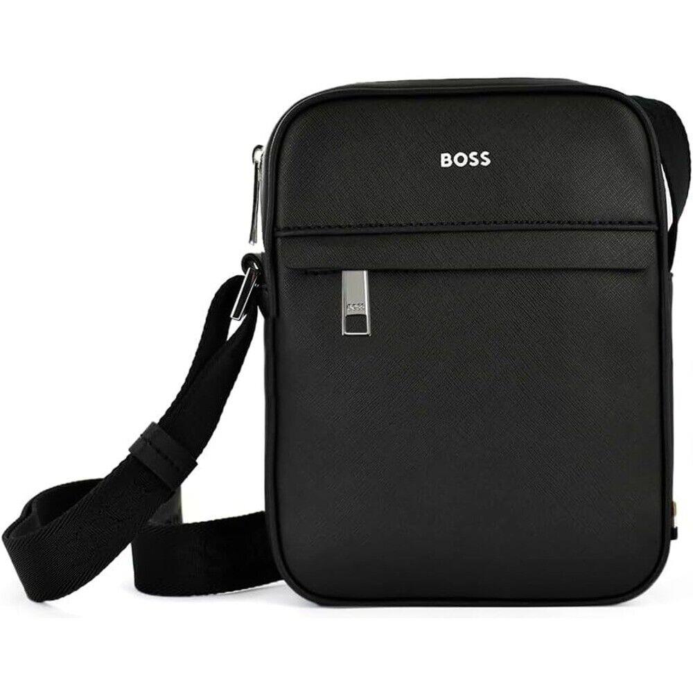Hugo Boss Men Cotton Crossbody Bag Zair Ns Adjustable Strap Zip Pocket Black OS