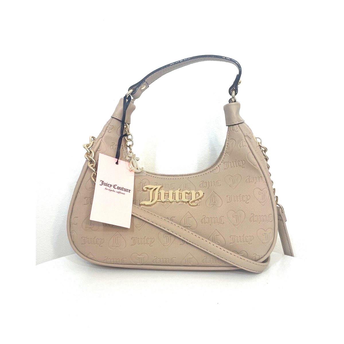 Juicy Couture Crossbody Hobo Handbag Tan Logo Embossed Gold Purse