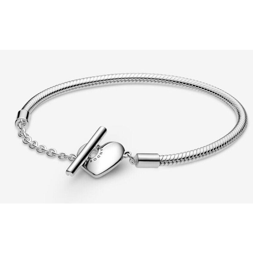 Pandora Moments Bracelet Heart T-bar Closure Flexible Chain W/ Box 7.5 19cm