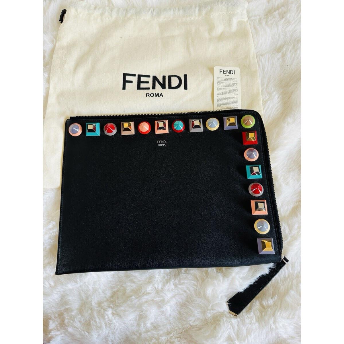 Fendi Multi Color Stud Black Smooth Leather Clutch Bag with Zipper