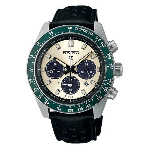 Seiko Prospex Speedtimer Solar Chronograph Ivory Dial Leather Strap Watch SSC943 - Dial: Ivory, Band: Black, Bezel: Green