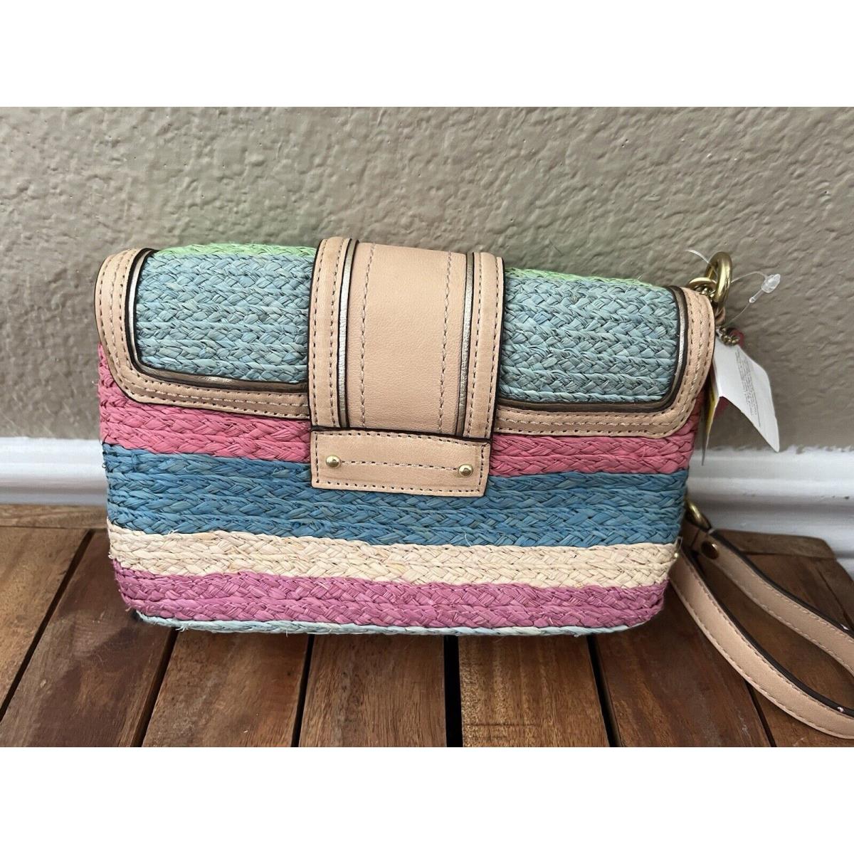 Coach Multi Color Striped Straw Clutch/wristlet / Leather Trim Summer Style