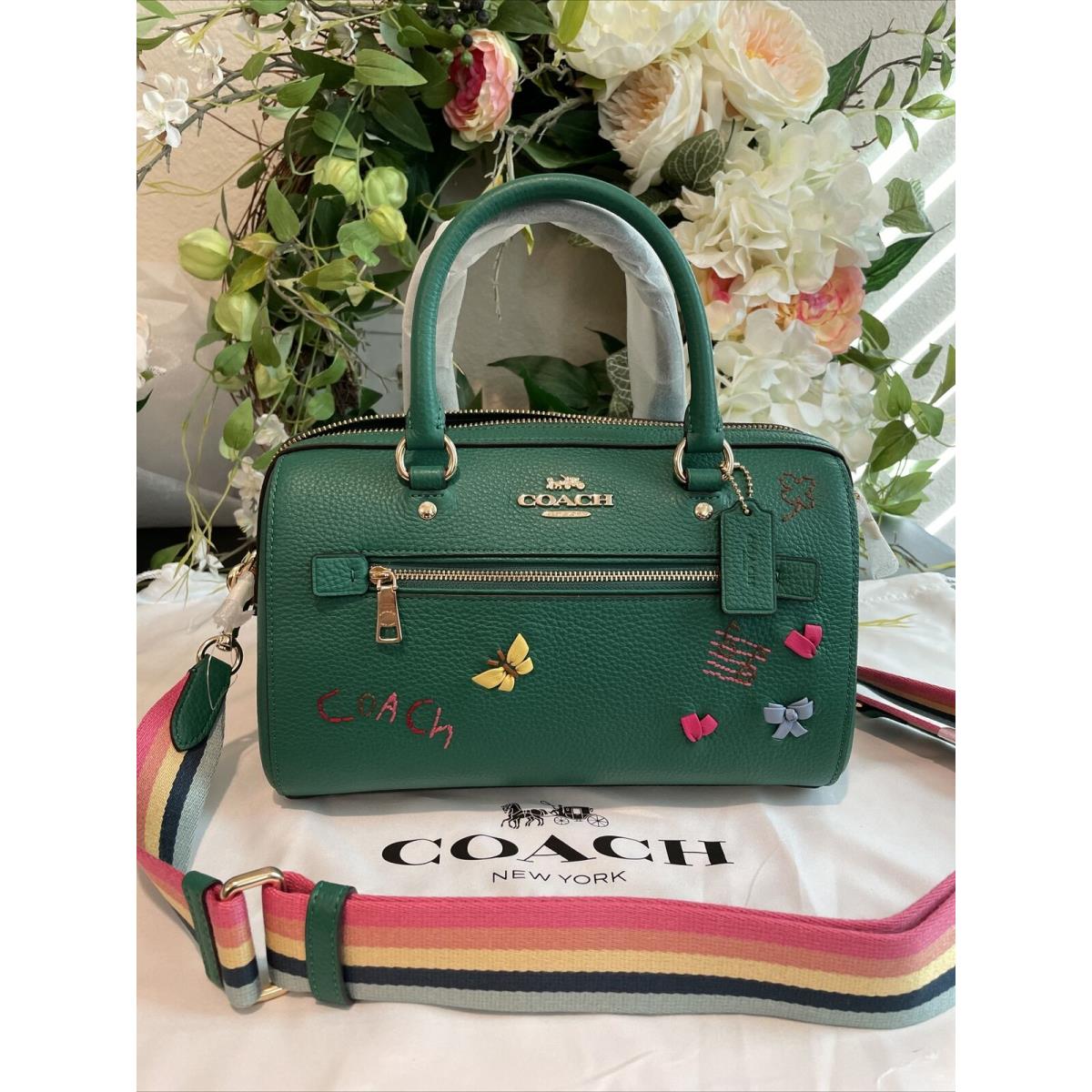 Coach Pebble Leather Rowan Satchel W/diary Embroidery Green/yellow/pink