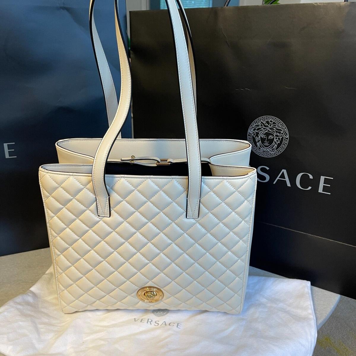 Versace 1013789 White Quilted Lamb Leather Tote with Gold-toned Medusa Hardware