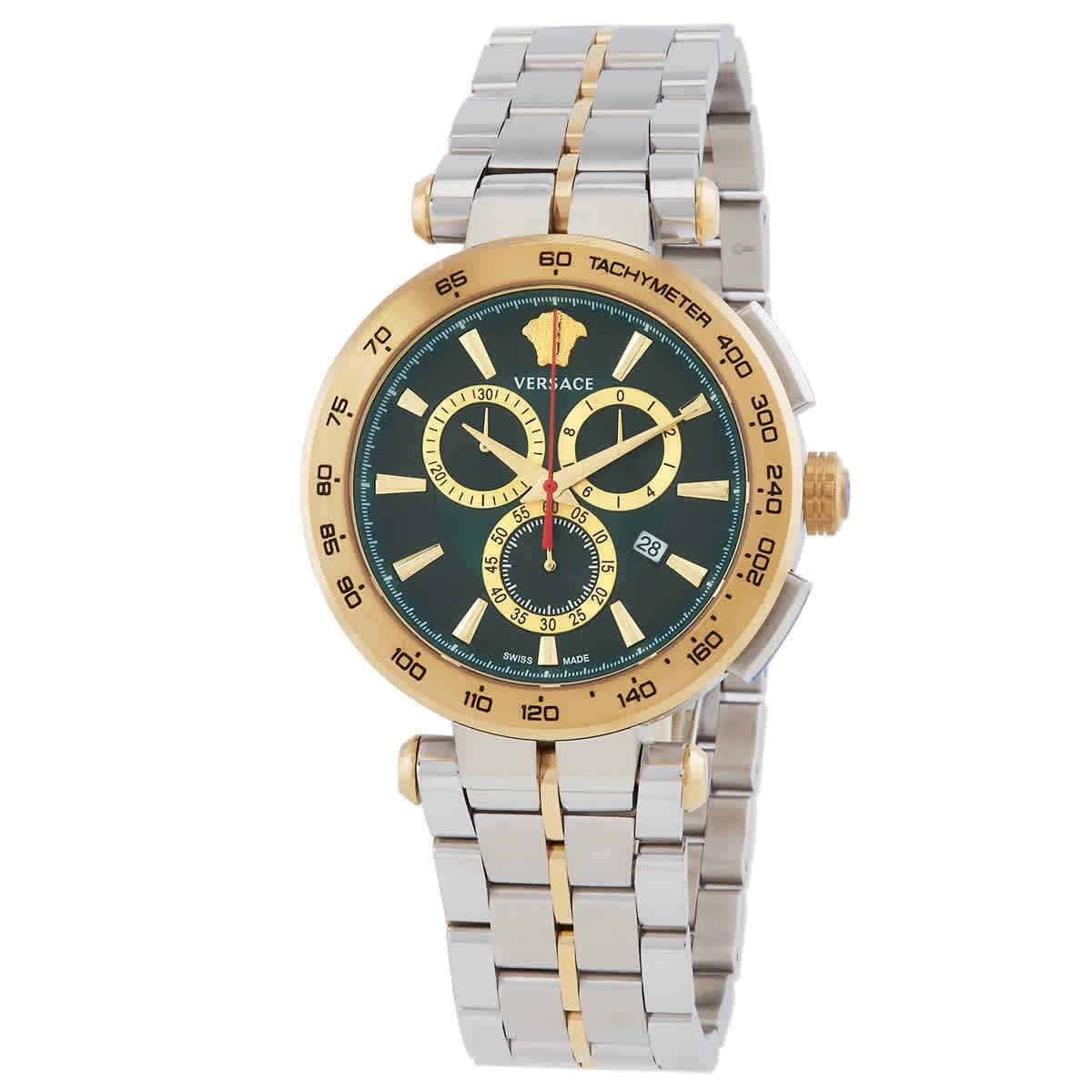 Versace Chronograph Quartz Green Dial Men`s Watch VE6CA0523 - Dial: Green, Band: Two-tone (Silver-tone and Gold tone), Bezel: Two-tone (Silver-tone and Gold tone)