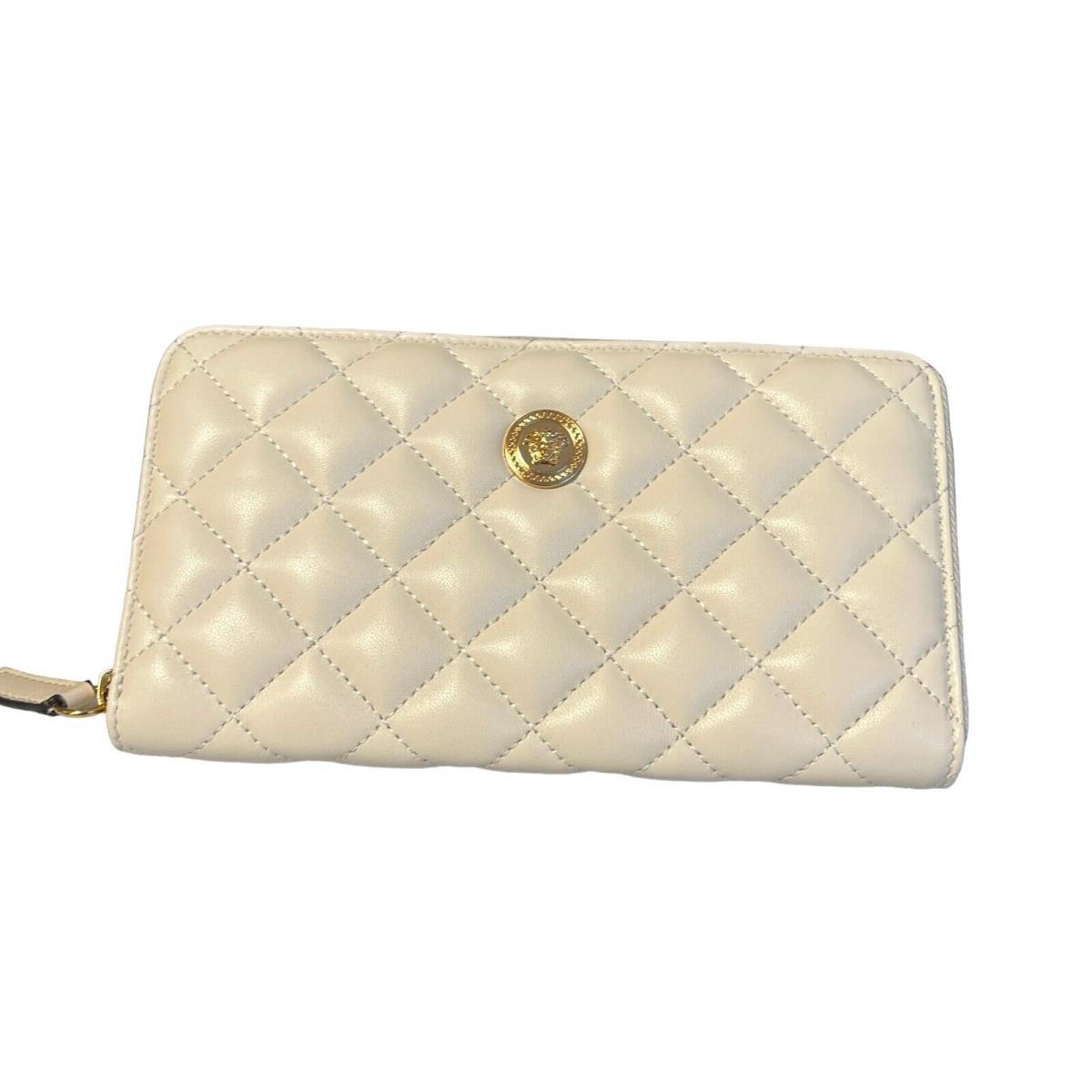 Versace Large Off-white Quilted Smooth Leather Continental Clutch Zip Wallet