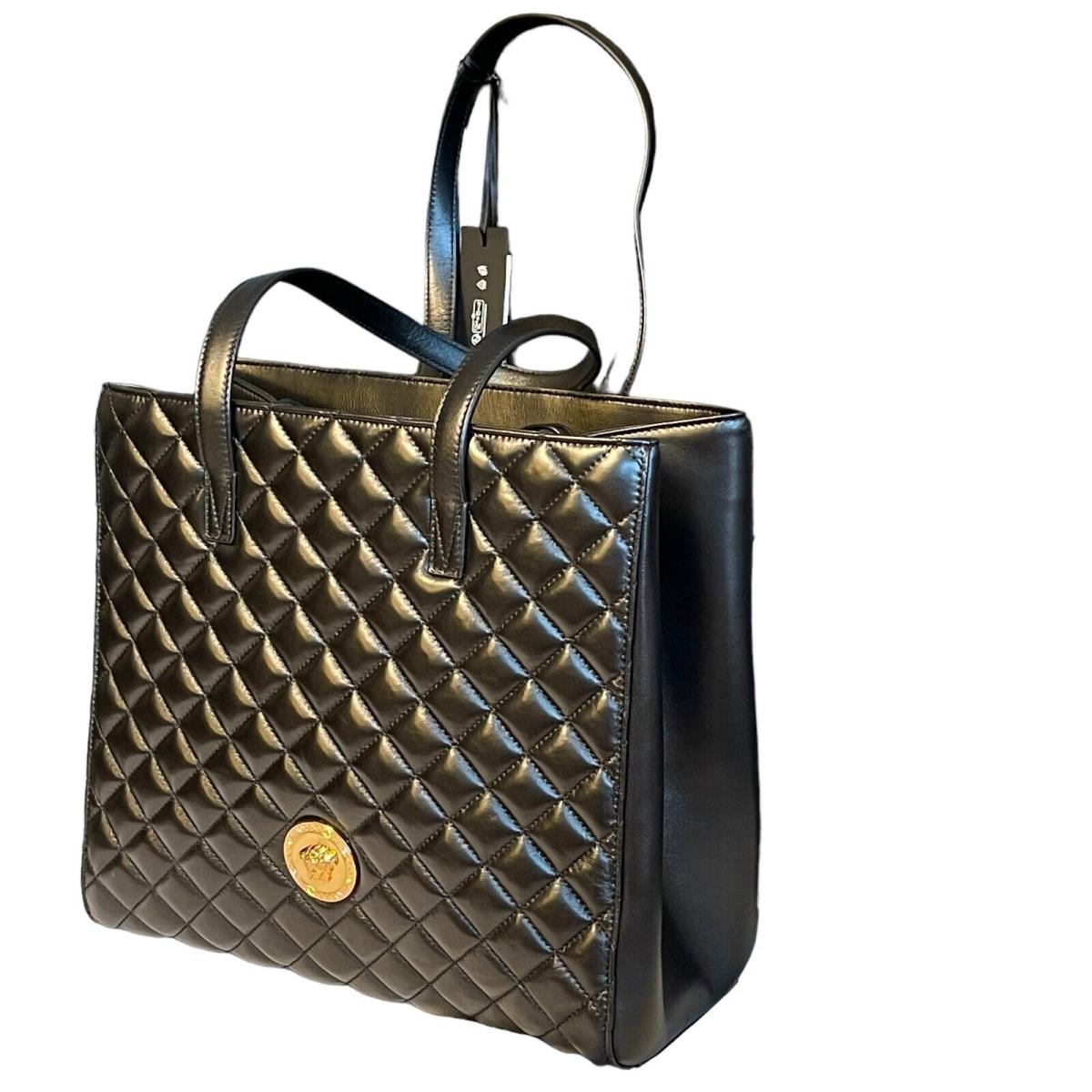 Versace 1013789 Black Quilted Lamb Leather Tote with Gold-toned Medusa Hardware