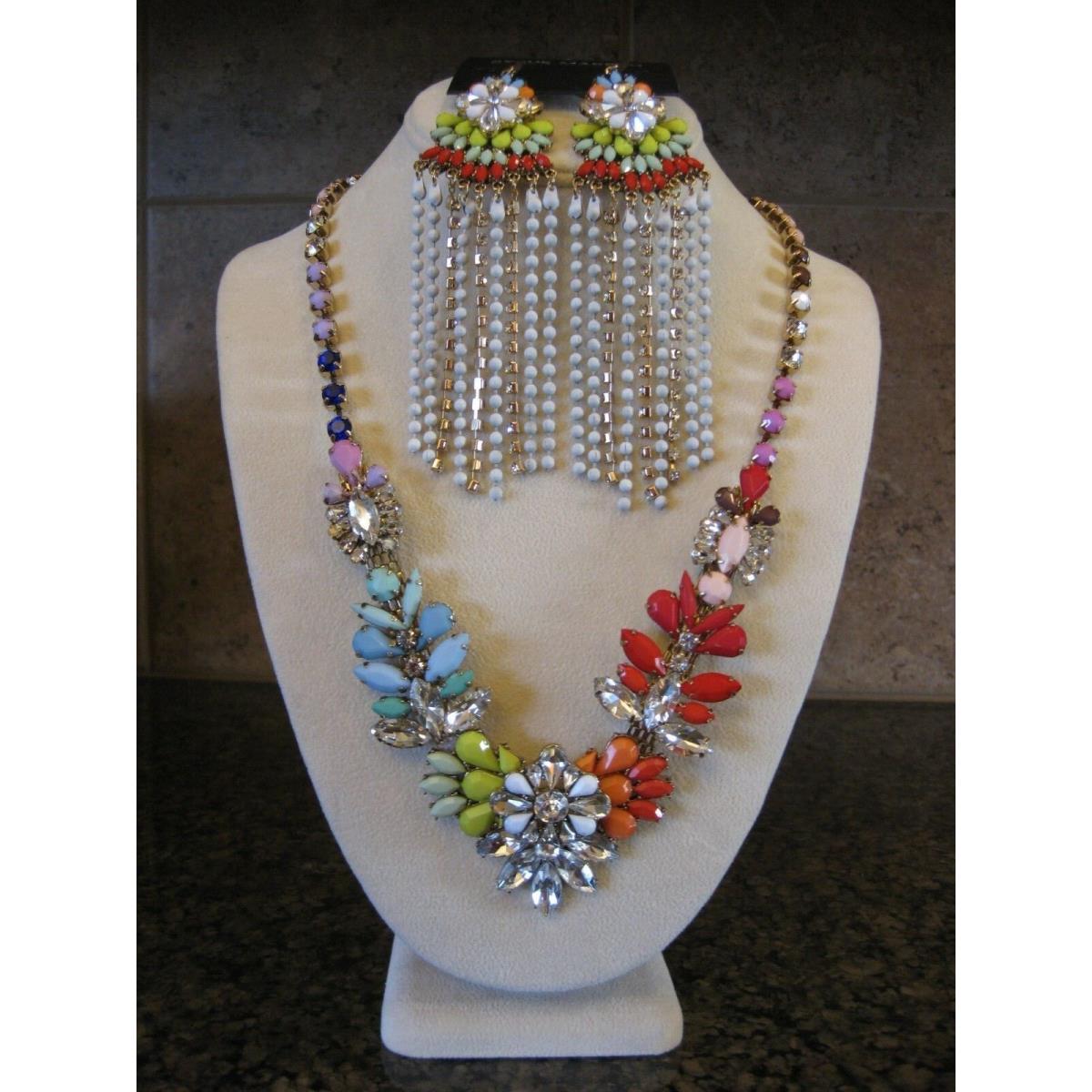 Steve Madden Necklace Pierced Earrings w/ Big Colorful Rhinestone Flowers Nocs