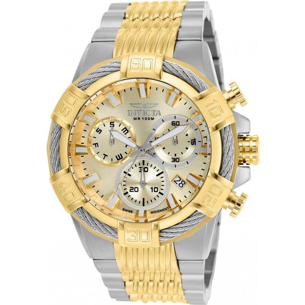 Mens Invicta Bolt Chronograph Two-tone Watch with Champagne Dial W21 - Dial: Black, Champagne, Band: Gold, Bezel: Gold