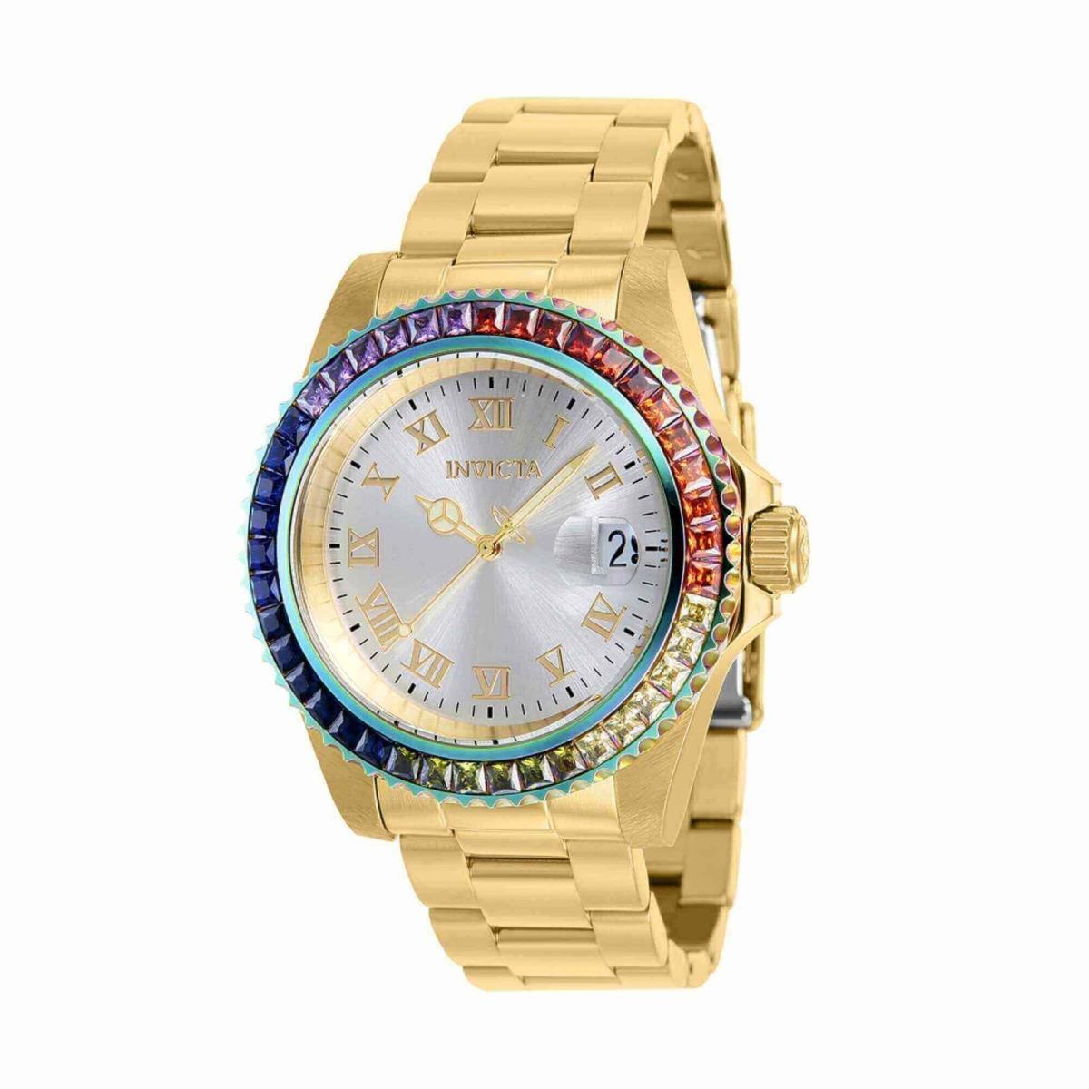 Invicta Women`s CZ Watch Angel Swiss Quartz Silver Dial Yellow Gold Steel 40229 - Dial: Silver, Band: Yellow