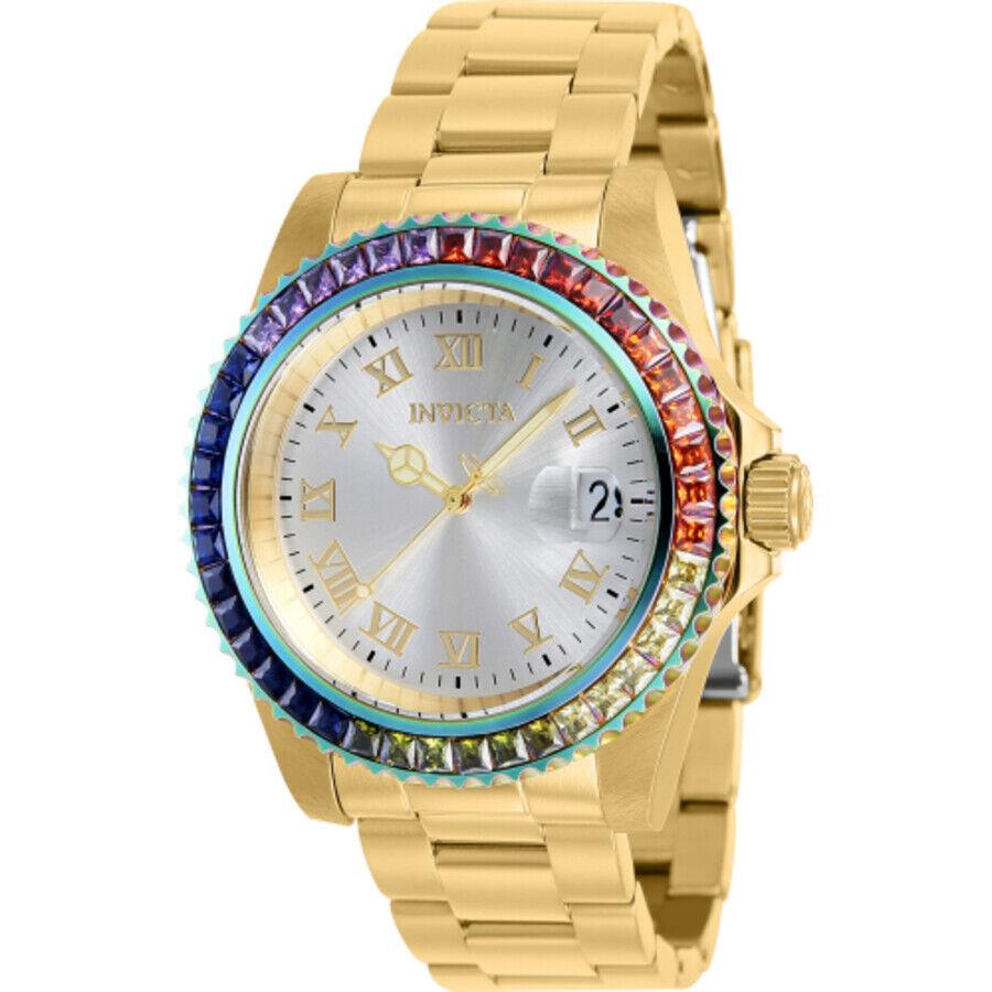 Invicta Angel Zager Exclusive Quartz Crystal Silver Dial Ladies Watch 40229 - Dial: Silver-tone, Band: Gold-tone, Bezel: Gold and Iridescent