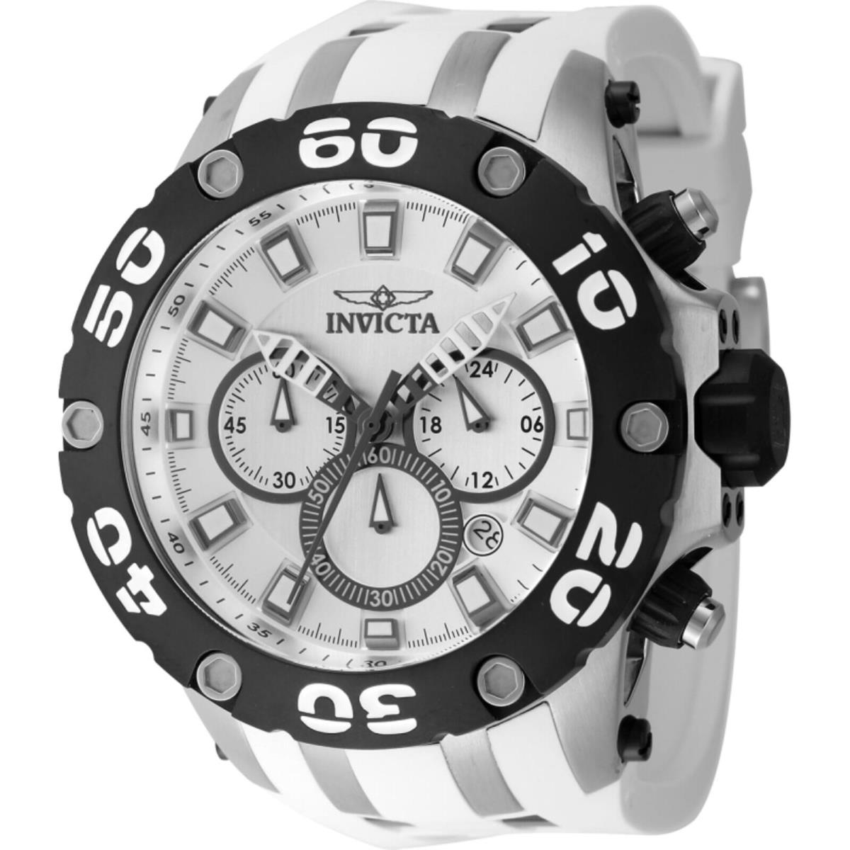 Invicta Men`s Watch Subaqua Chronograph Steel and White Polyurethane Strap 46512 - Dial: Silver, Band: Silver, White