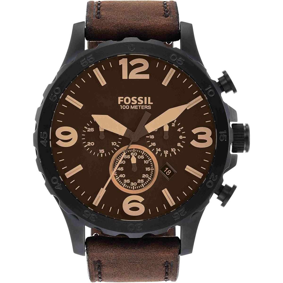 Fossil Nate Men`s Chronograph Watch with Stainless Steel or Leather Band Black/Brown Leather