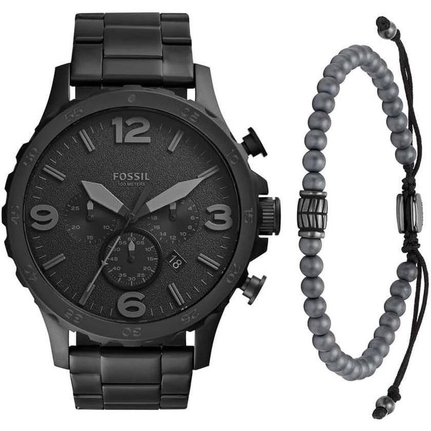 Fossil Nate Men`s Chronograph Watch with Stainless Steel or Leather Band Black Watch + Hematite/Smoke Bracelet