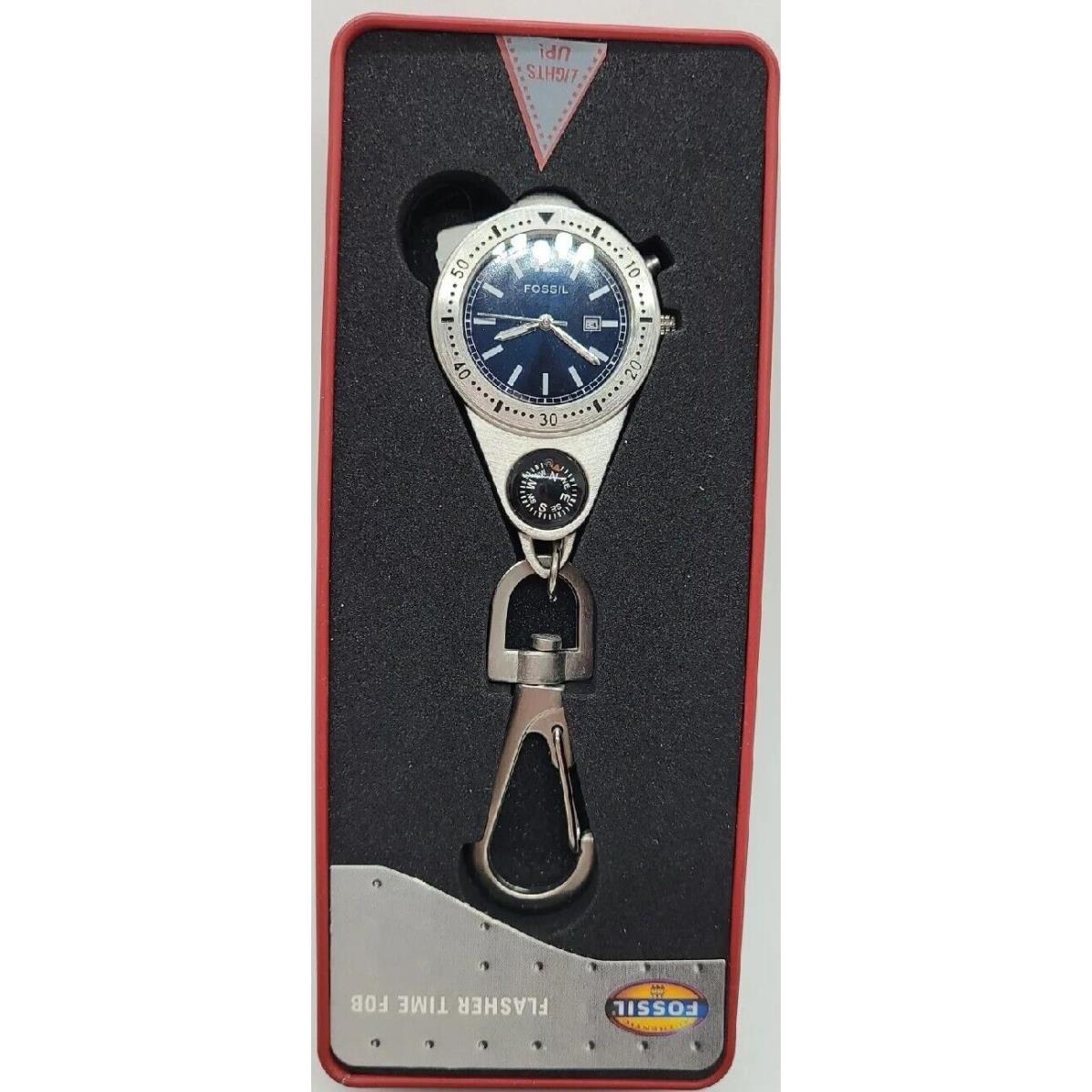 Fossil Time Fob Watch Compass Clip Key Chain On with Flasher Light Vintage