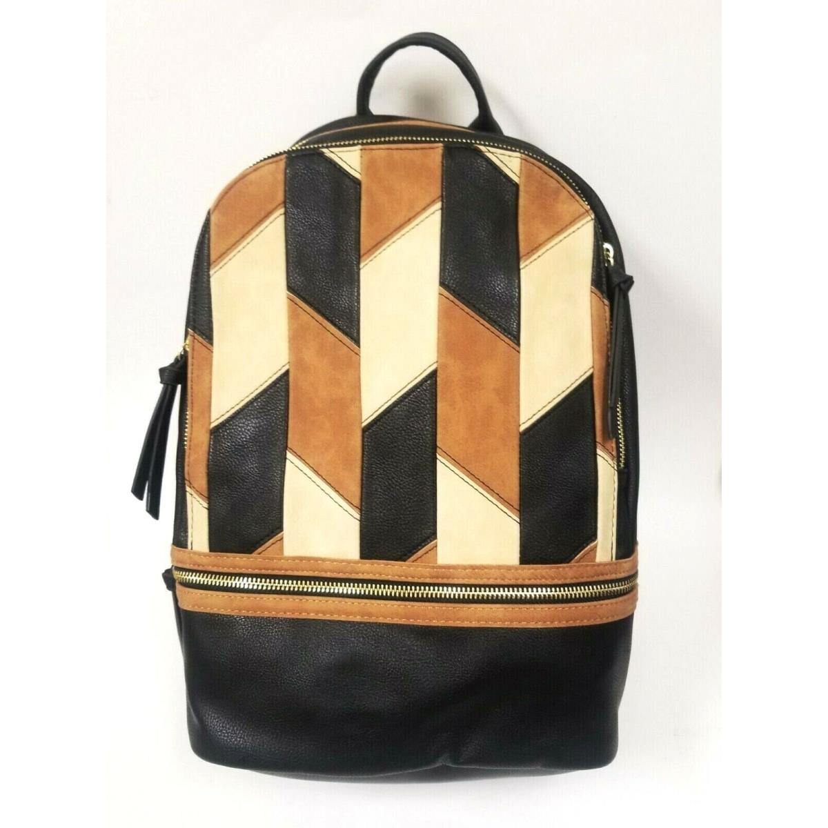 Steve Madden Cognac Brown+black Patches Gold Accent 2 Zipper Backpack Bag