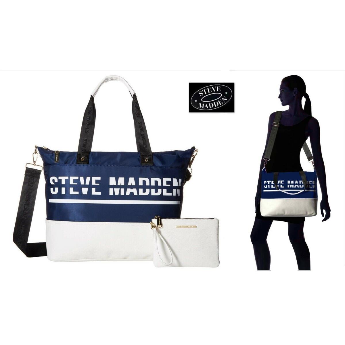 Steve Madden 2 Pc Duffle Gym Cosmetic Bag Navy Blue White Big Weekender