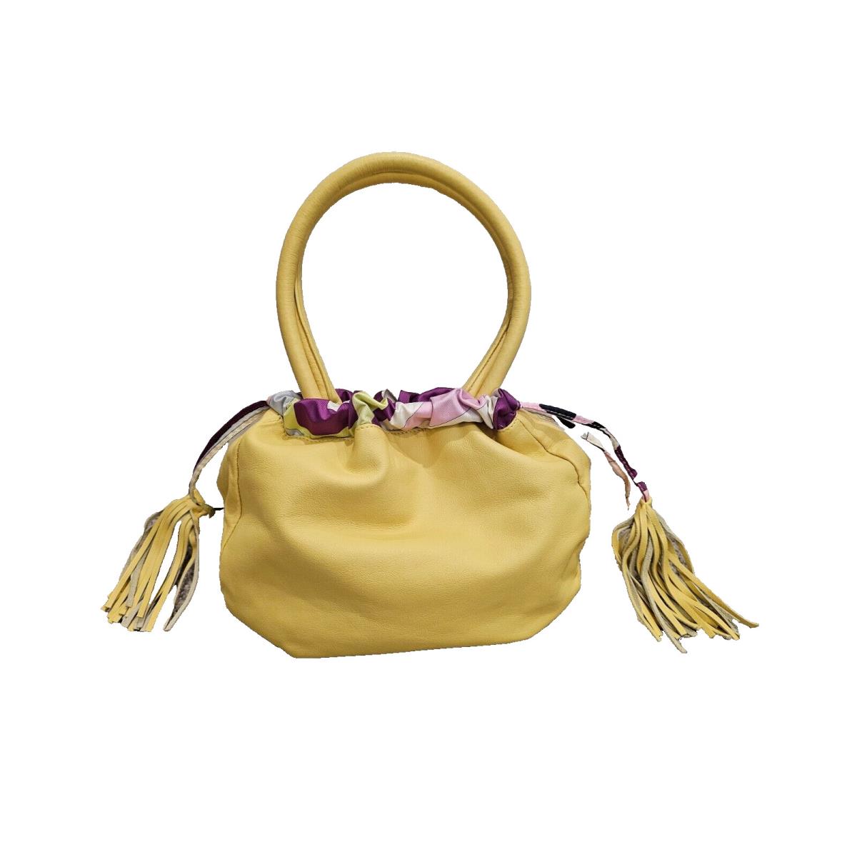 Emilio Pucci Yellow Leather Drawstring Shoulder Bag with Silk Print Interior