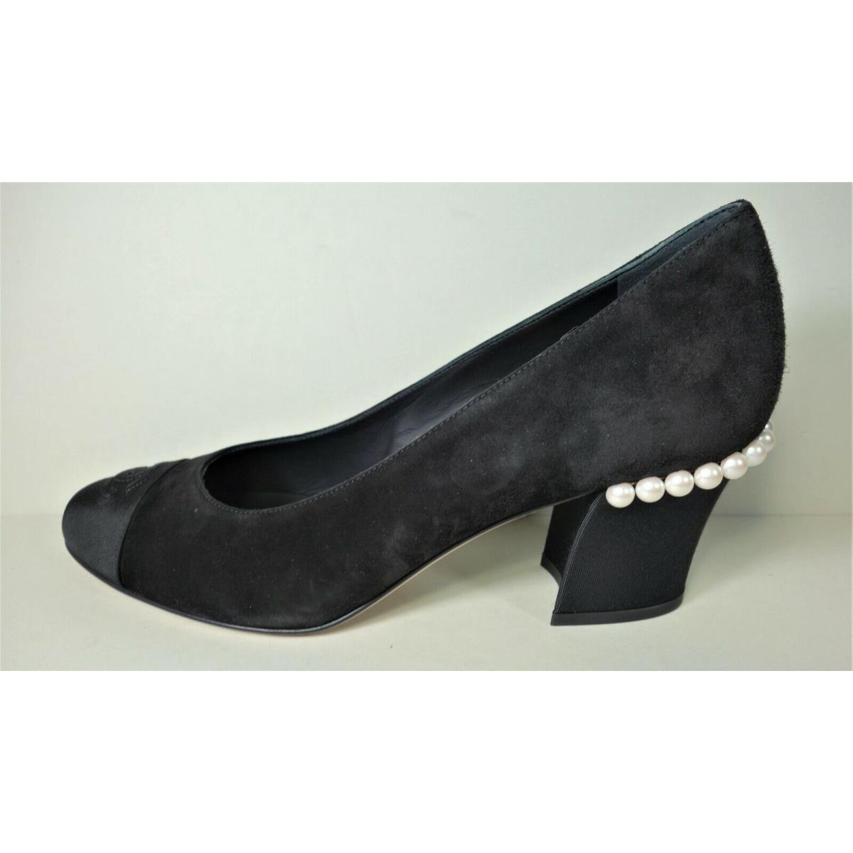 Chanel 38 Black Suede Pearls Medium Stacked Heels Grosgrain Cap Toe CC Pumps