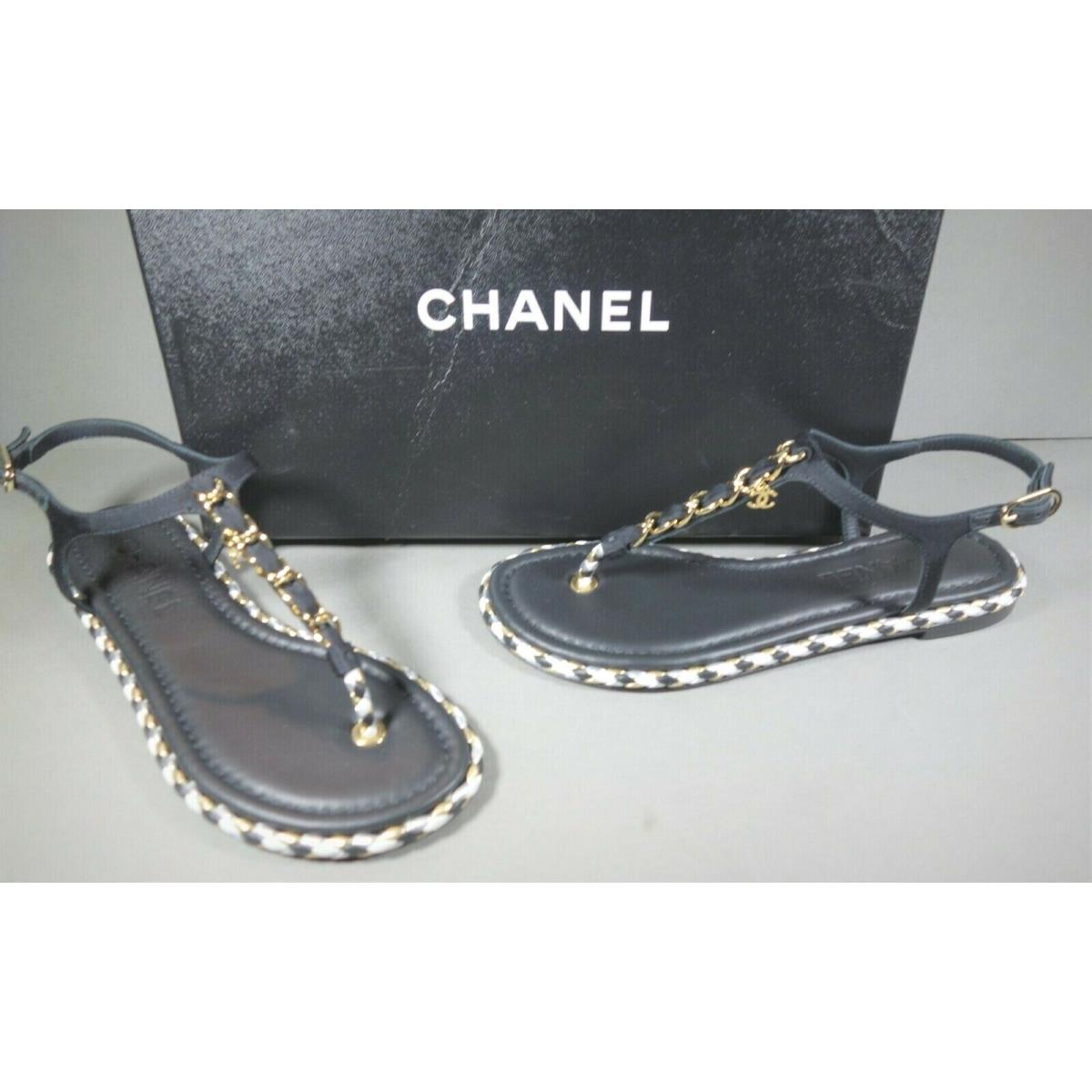 Chanel 36C Black Grosgrain Leather Woven Trim Gold CC Thong Sandals Flats