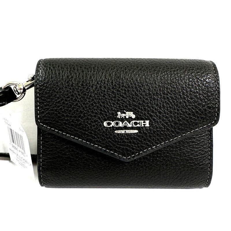 Coach Mini Envelope Leather Wallet with Strap Crossbody Black