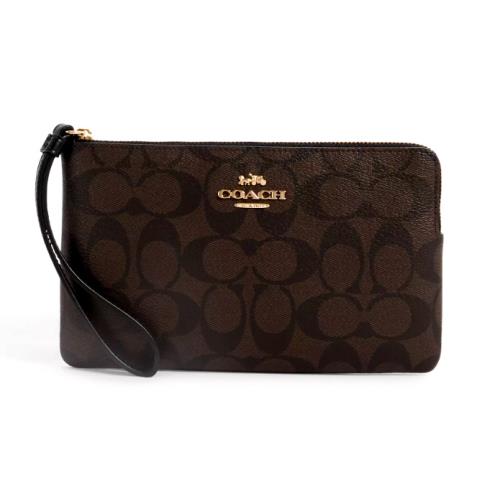 Coach Large Corner Zip Wristlet - CS438 Brown/black Signature Canvas