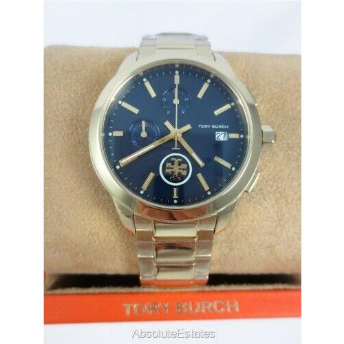 Tory Burch Yellow Gold Collins Navy Dial Chronograph Watch TBW1251 Logo