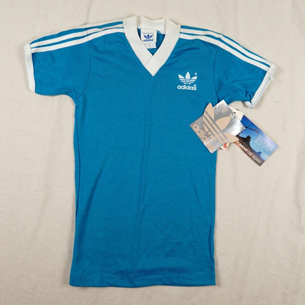 Vintage Adidas Shirt Girls Small 7/8 Blue Ringer Tags Deadstock 80s Trefoil