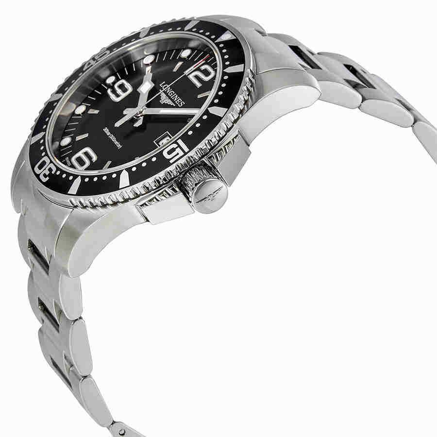 Longines Hydroconquest Black Dial Men`s 44mm Watch L38404566 - Dial: Black, Band: Silver, Bezel: Silver, Black