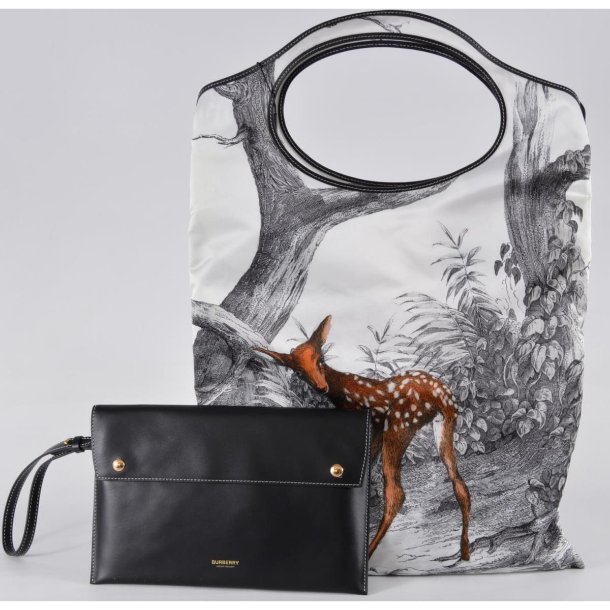 Burberry Deer Forest Print Silk Travel Tote Bag Purse with Leather Wristlet