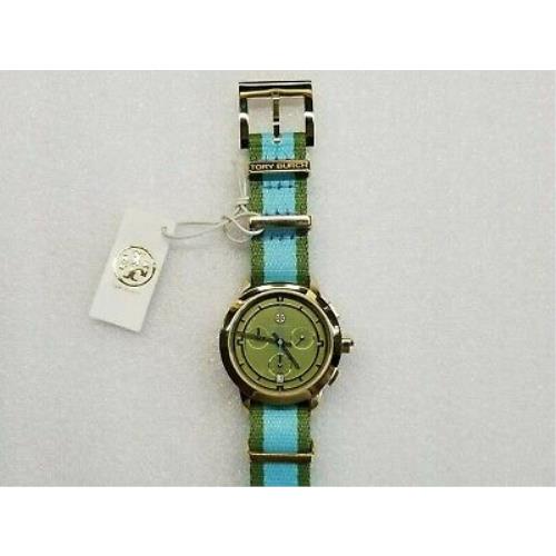 Tory Burch Chronograph Date Olive Dial Nylon Strap Women`s Watch TRB1017