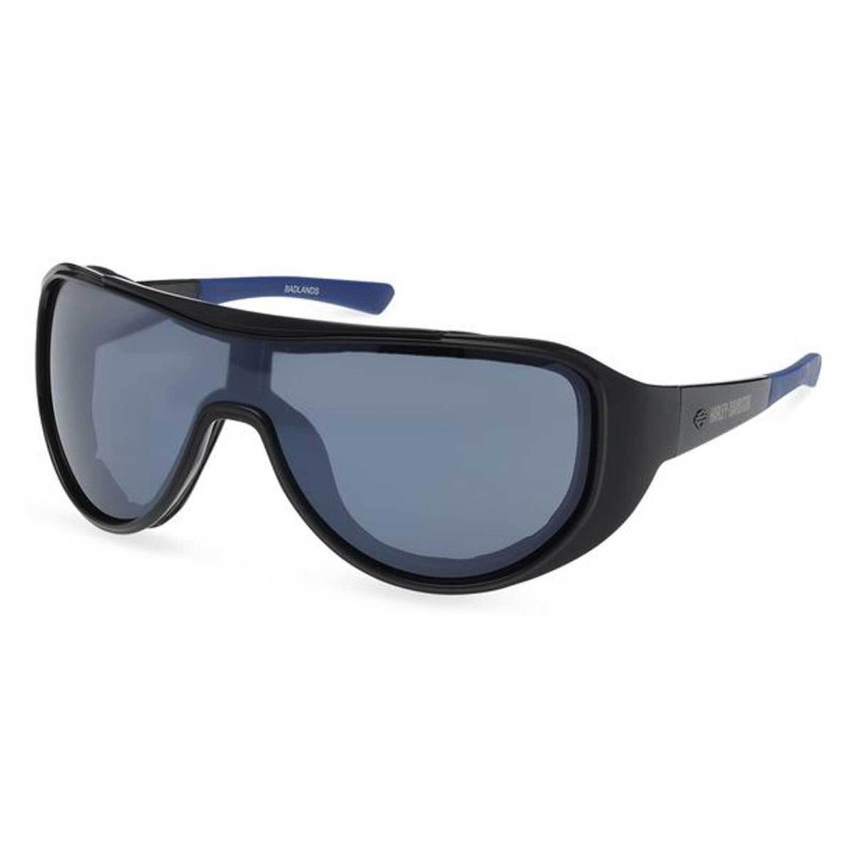 Harley-davidson Men`s Badlands Shield Sunglasses Shiny Black Blue Frames