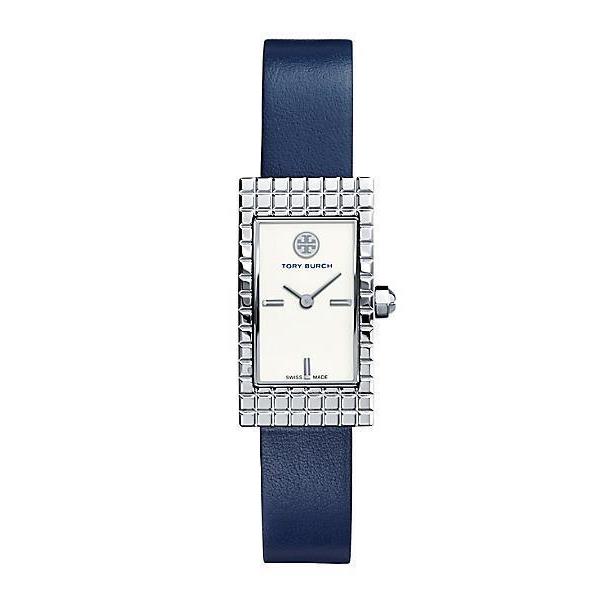Tory BurchTRB2002 Women Buddy Rectangle Silver Tone Navy Italian Leather Watch