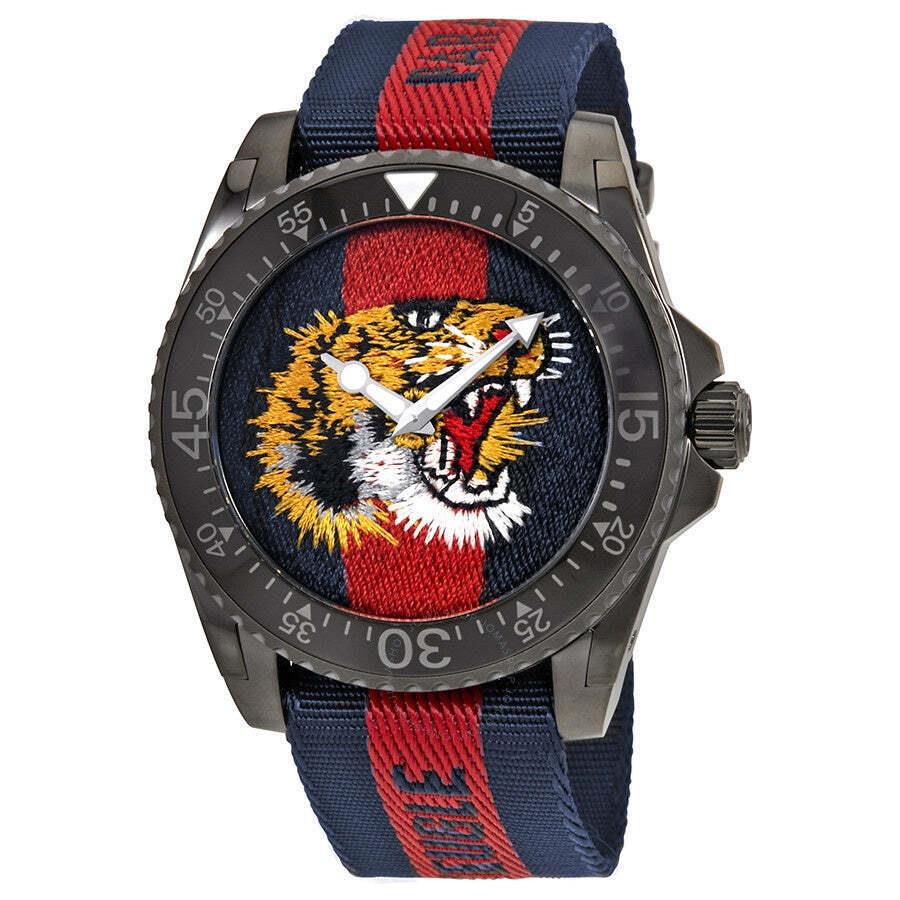 Gucci YA136215 Dive 45MM Men`s Tiger Embroidered Dial Red and Blue Nylon Watch