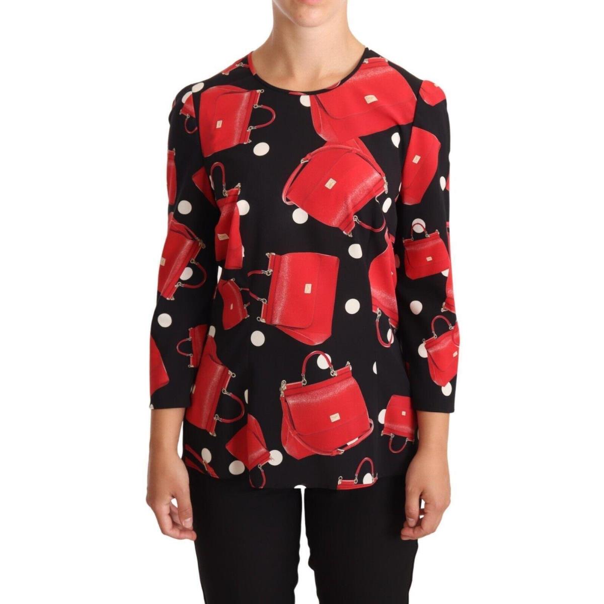 Dolce Gabbana Black Sicily Bag Print Silk Stretch Top Blouse