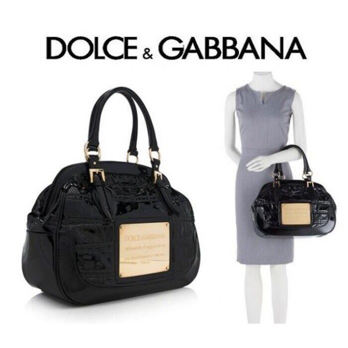 Dolce Gabbana Gold Badge Logo Black Patent Leather Satchel Shoulder Bag