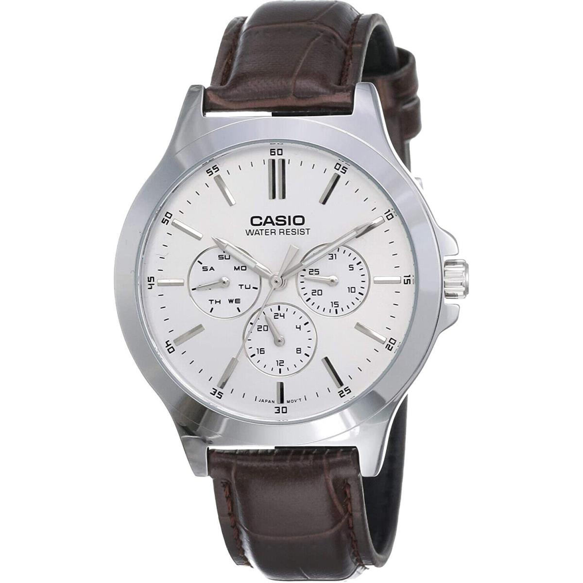 Casio MTP-V300L-7A Men`s Analog Watch Brown Leather Band 3 Dials Dress