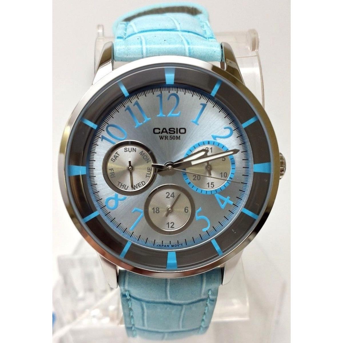 Casio LTP-2084L-2B Ladies 3 Dials Watch Blue Leather Band Dress