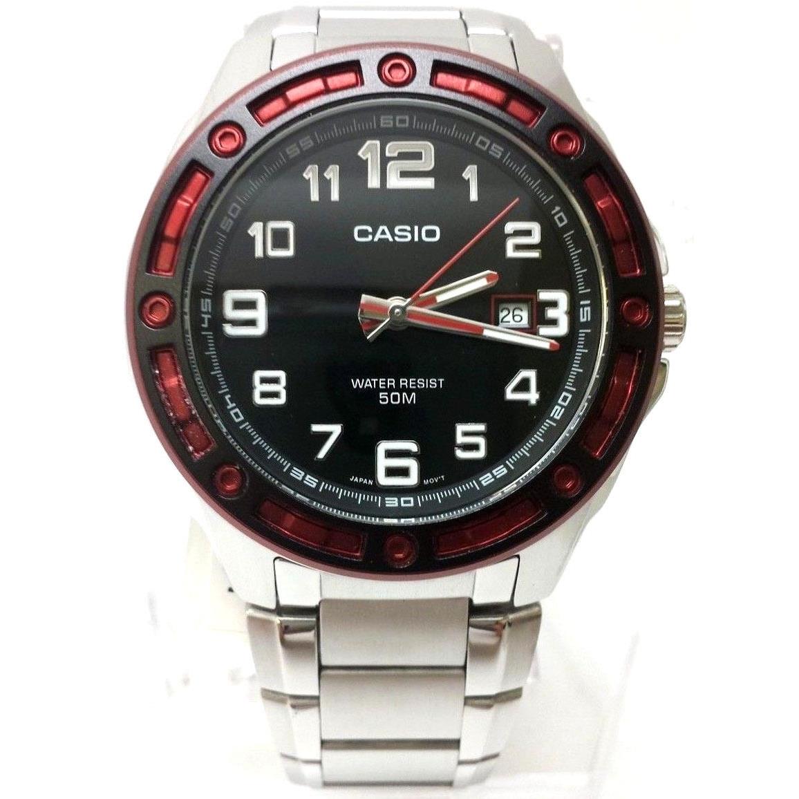 Casio MTP-1347D-1A Mens Steel Dress Black Dial Watch Black/red Bezel