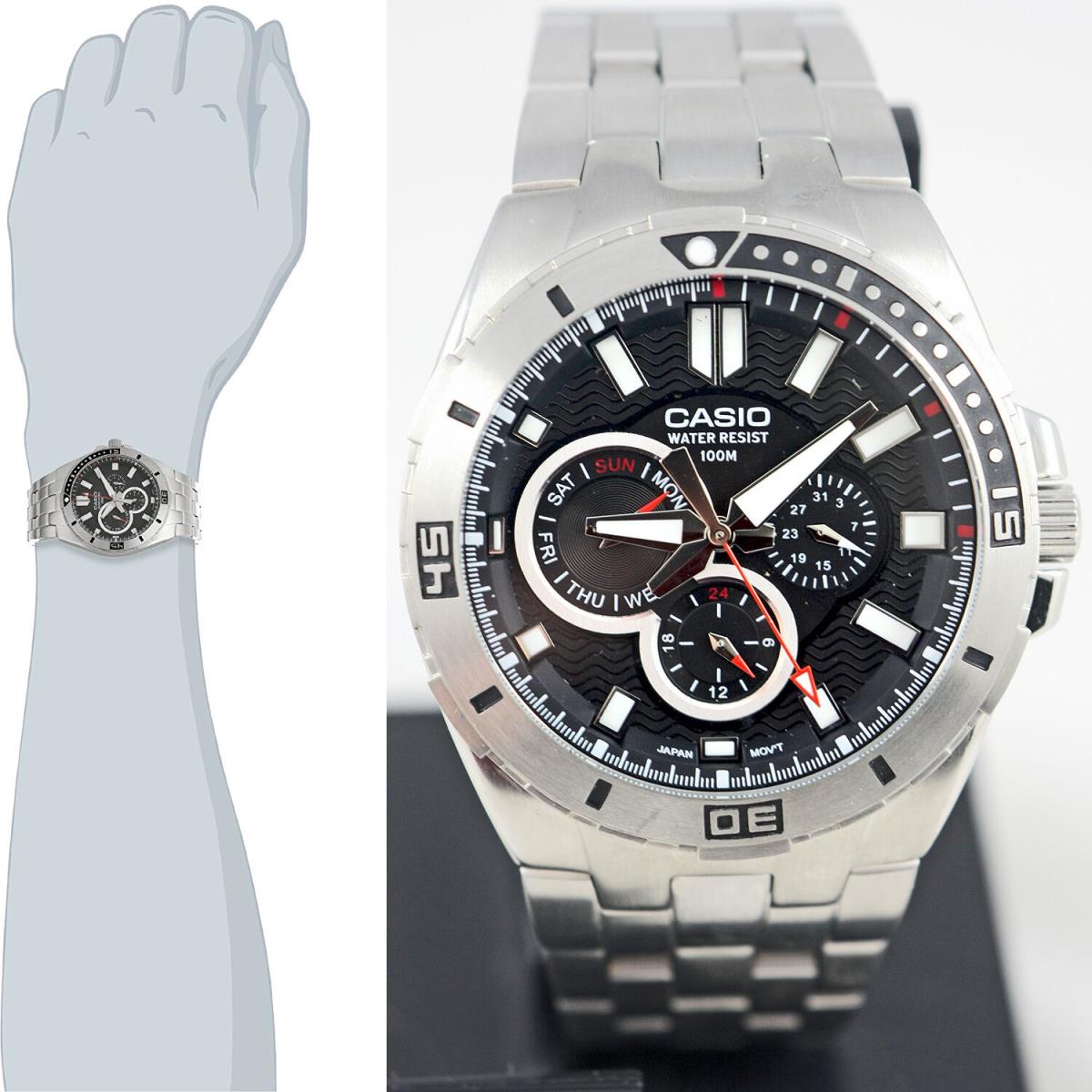 Casio Men`s Black Dial Stainless Steel Dress Watch 100M Diver MTD-1060D-1A