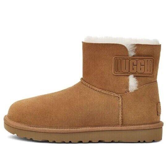 Ugg Winter Boots Womens 7M Mini Bailey Logo Strap Brown Suede Wool Shoes