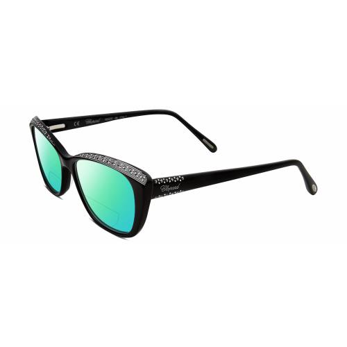 Chopard VCH229S Cat Eye Polarized Bifocal Sunglasses Black Silver Gemstone 54 mm Green Mirror