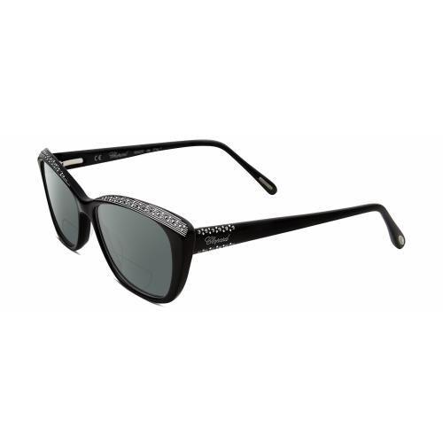 Chopard VCH229S Cat Eye Polarized Bifocal Sunglasses Black Silver Gemstone 54 mm Grey