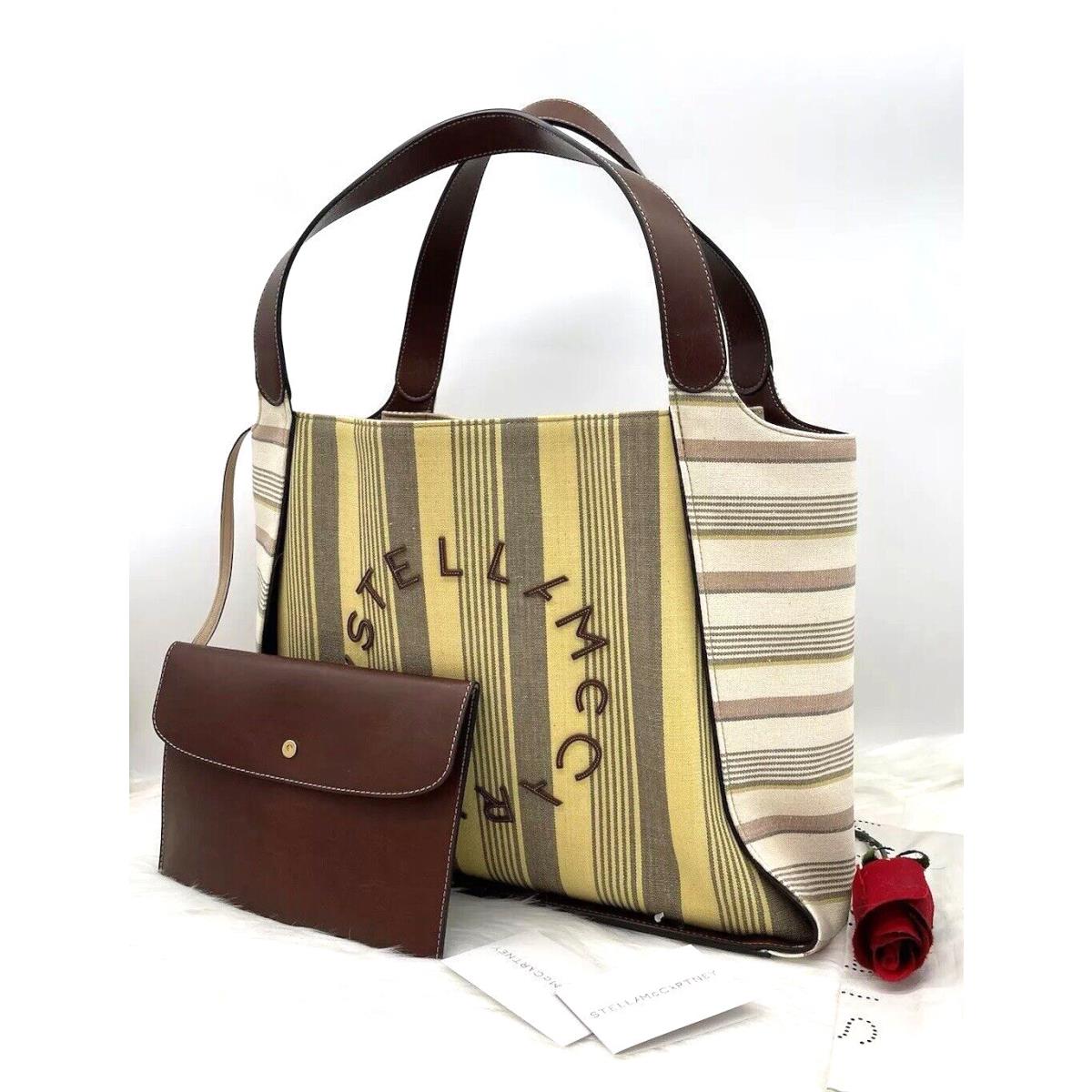 Stella Mccartney Logo Striped Canvas Tote Bag-yellow/taupe/ Multi