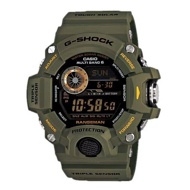 G-shock GW9400-3 Men`s Rangeman Triple Sensor Atomic Solar Military Green Watch - Dial: Black, Band: Green, Bezel: White, Black