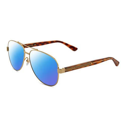 Gucci GG0528S Unisex Pilot Polarized Sunglasses Gold Tortoise Havana 63mm 4Opt Blue Mirror Polar