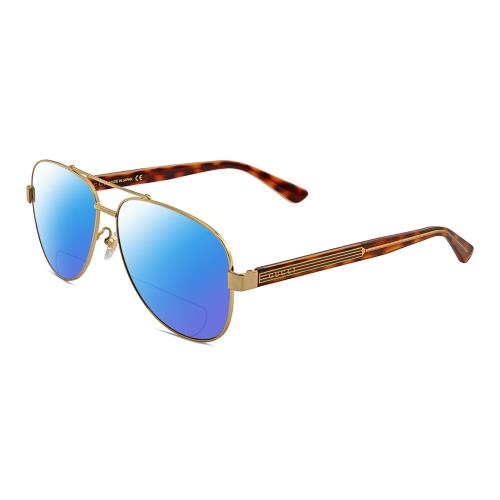 Gucci GG0528S Unisex Pilot Polarized Bifocal Sunglass Gold Tortoise 63mm 41Opt Blue Mirror