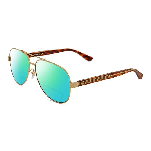 Gucci GG0528S Unisex Pilot Polarized Bifocal Sunglass Gold Tortoise 63mm 41Opt Green Mirror