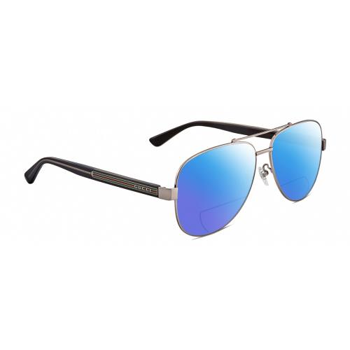 Gucci GG0528S Pilot Polarized Bifocal Sunglasses Ruthenium Silver 63 mm 41 Opt Blue Mirror