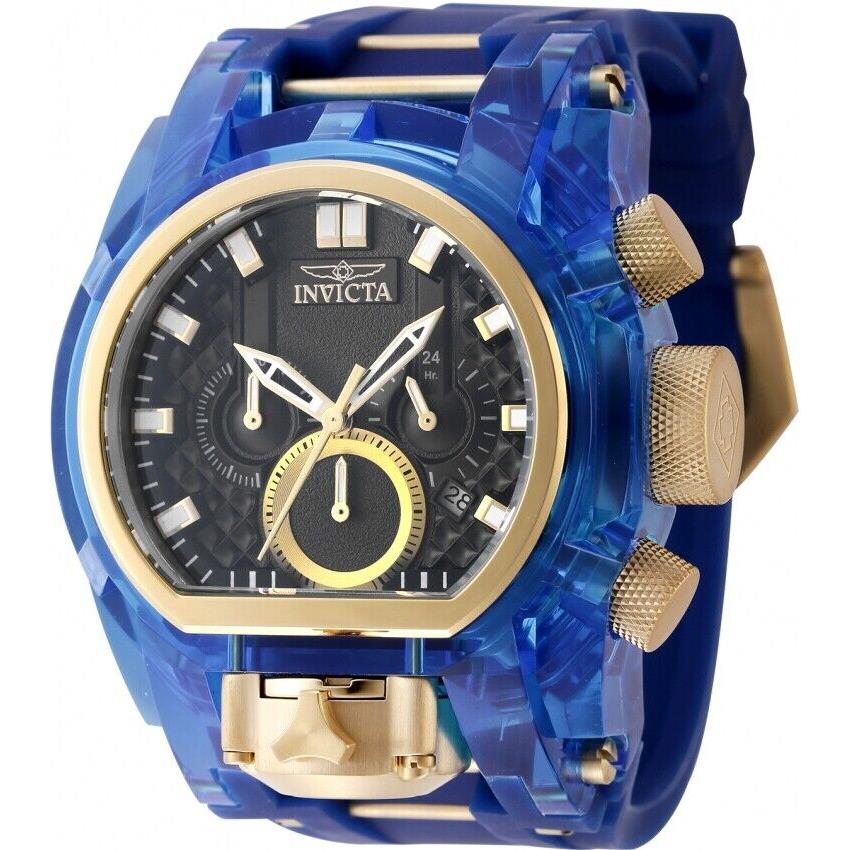 Invicta Bolt Zeus Magnum Chronograph Gmt Quartz Men`s Watch 46476 - Dial: Two-tone (Black and Gold-tone), Band: Two-tone (Blue and Gold), Bezel: Blue and Gold